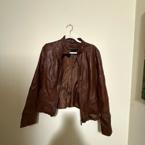 Bernardo Brown Leather Jacket with Cropped Design and Stand-Up Collar